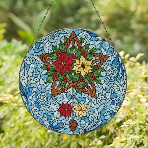 Stained Glass Art Lovers' Intricate Ruby Red Poinsettia Holly Rustic Star Winter Foliage Pattern Stained Glass Suncatcher