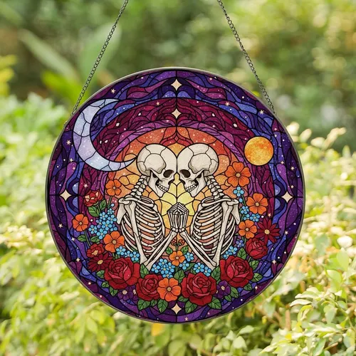 Romantic Souls' Celestial Stained Glass Skeleton Embrace with Jewel Tone Flowers & Moons Stained Glass Suncatcher