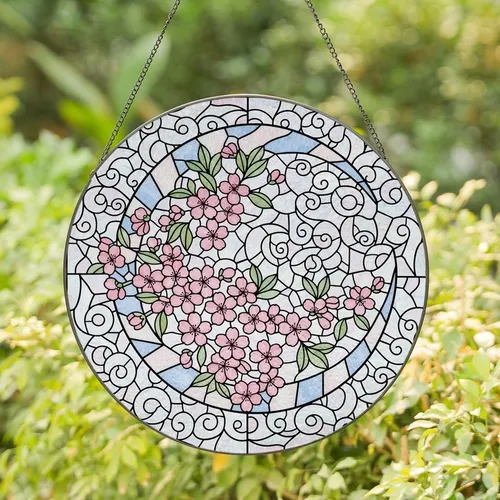 Art Lovers' Jewel-Toned Stained Glass Pink Cherry Blossom Crescent Moon Opalescent Green Blue Art Stained Glass Suncatcher