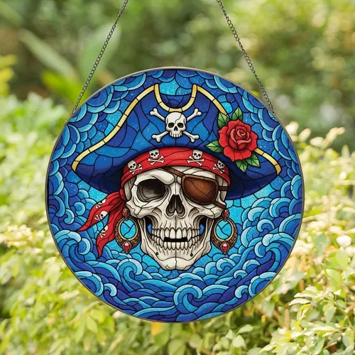 Fantasy Art Collectors' Tiffany Style Stained Glass Pirate Skull Deep Blue Red Gold Jewel Tone Mosaic Stained Glass Suncatcher