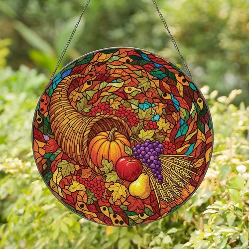 Autumn Enthusiasts' Tiffany Stained Glass Cornucopia Harvest Jewel Tone Pattern Stained Glass Suncatcher