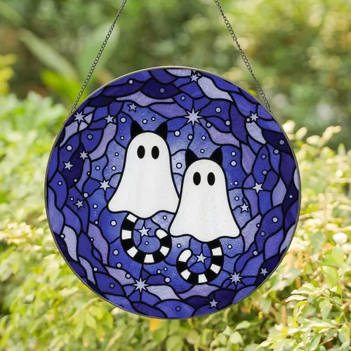 Mystical Art Fans' Whimsical Stained Glass Ghost Cats Indigo Violet Nebula Mosaic Stained Glass Suncatcher