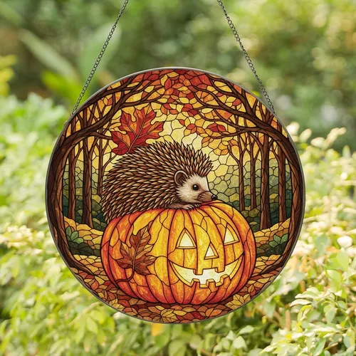 Autumn Lovers' Intricate Stained Glass Hedgehog Pumpkin Forest Mosaic Jewel Tones Stained Glass Suncatcher