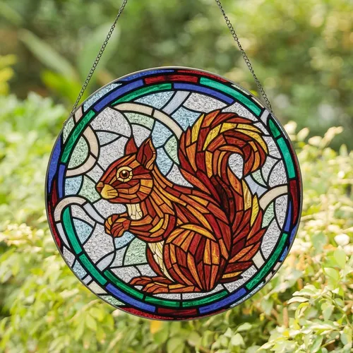 Nature Lovers' Edge-to-Edge Tiffany Stained Glass Squirrel Jewel Tones Geometric Mosaic Art Stained Glass Suncatcher