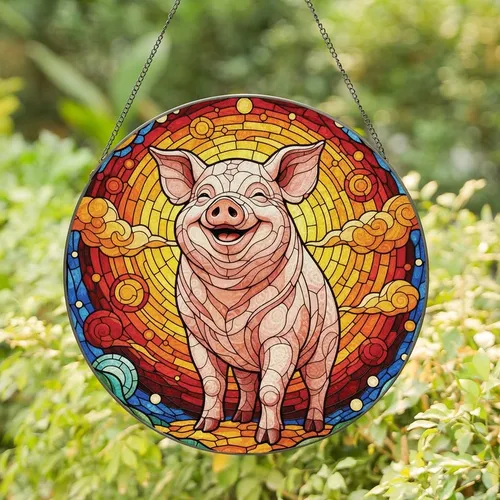 Animal Lovers' Intricate Tiffany Stained Glass Cheerful Pig Jewel Tone Swirling Mosaic Stained Glass Suncatcher
