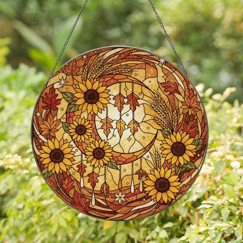 Art Enthusiasts' Tiffany Style Stained Glass Crescent Moon Sunflowers Amber Orange Jewel Tones Stained Glass Suncatcher