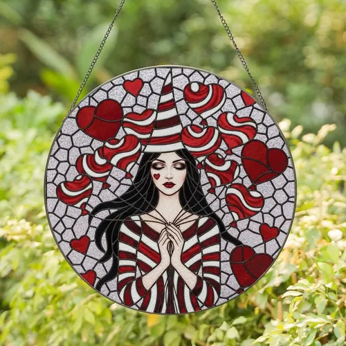 Art Aficionados' Stained Glass Evocative Woman Conical Hat Heart Balloons Deep Red White Mosaic Stained Glass Suncatcher