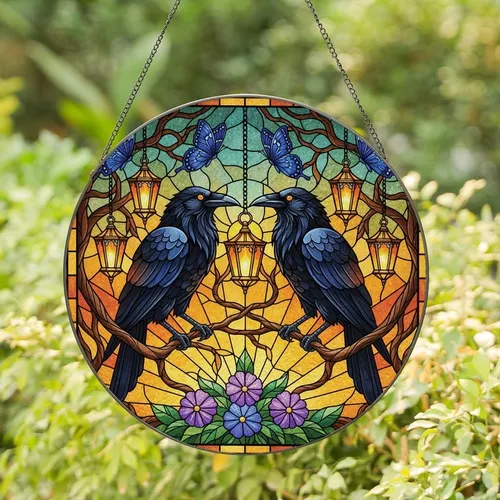 Nature Art Lovers' Intricate Tiffany Stained Glass Raven Butterfly Sunset Mosaic Stained Glass Suncatcher