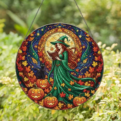 Fantasy Art Lovers' Tiffany Stained Glass Witch Emerald Gown Jack-o'-Lantern Autumn Magic Stained Glass Suncatcher
