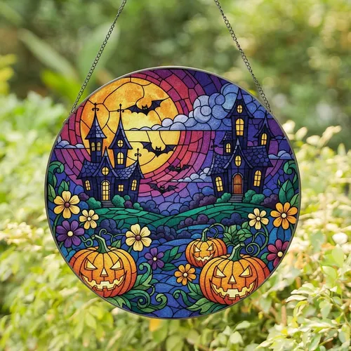 Halloween Enthusiasts' Vibrant Stained Glass Jack-O'-Lantern Haunted Village Orange Purple Jewel Tones Stained Glass Suncatcher