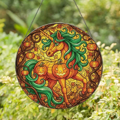 Fantasy Art Lovers' Intricate Tiffany Glass Pumpkin Unicorn Emerald Orange Jack-o'-Lantern Autumnal Mosaic Stained Glass Suncatcher