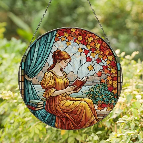 Book Lovers' Ornate Tiffany Stained Glass Autumn Window Reader Amber Teal Mosaic Stained Glass Suncatcher