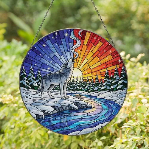 Nature Lovers' Majestic Wolf Stained Glass Art Starry Sunset Mosaic Jewel Tone Blues Oranges Stained Glass Suncatcher