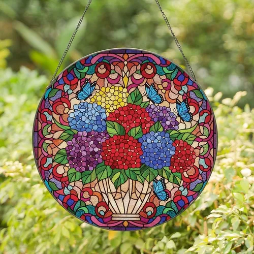 Art Lovers' Jewel Tone Tiffany Style Hydrangea Butterfly Floral Mosaic Stained Glass Suncatcher