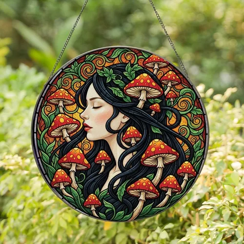 Mystical Art Admirers' Tiffany Style Stained Glass Serene Woman Profile, Ruby Red Mushrooms, Emerald Green Foliage, Amethyst Swirls Stained Glass Suncatcher