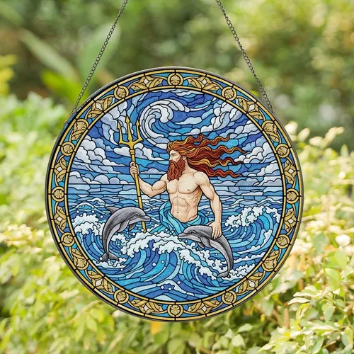 Mythology & Ocean Enthusiasts' Tiffany Stained Glass Sea God, Golden Trident, Dolphins, Vibrant Blue Waves Stained Glass Suncatcher