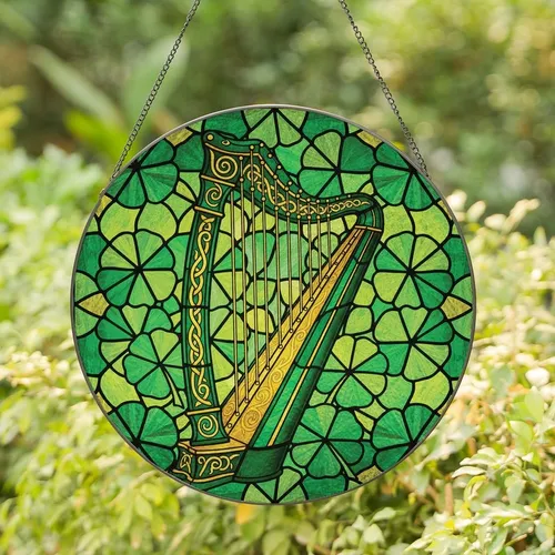 Celtic Heritage Enthusiasts' Tiffany Style Stained Glass Irish Harp Emerald Green Golden Clover Mosaic Stained Glass Suncatcher