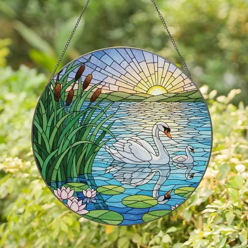 Nature Lovers' Tiffany Stained Glass Swan Cygnets Lake Sunrise Emerald Green Blue Pink Gold Stained Glass Suncatcher