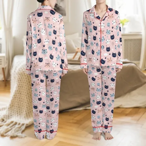 Cat Lovers' Whimsical Hand-Drawn Cartoon Cats Flat Pattern, Light Bubblegum Pink with Navy, Pale Peach, Light Blue-Grey Accents Satin Pajamas Set