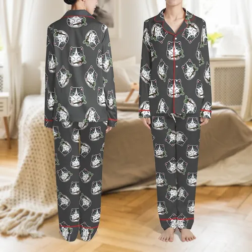 Cat Lovers' Whimsical Black White Grey Tabby Kitten Pattern with Sky Blue Eyes Holding Green Leaf Branch on Charcoal Satin Pajamas Set