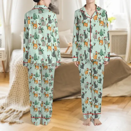 Festive Cat Lovers' Whimsical Mint Green Christmas Cats Pattern with Red Santa Hats & Holly Satin Pajamas Set