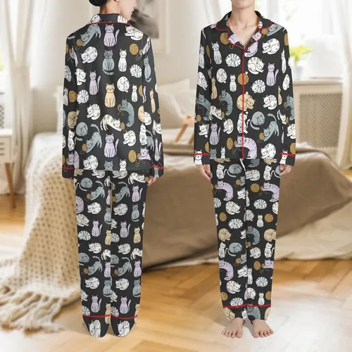 Cat Lovers' Whimsical Cartoon Cats Seamless All-Over Pattern Deep Black Soft Grey Blue Lavender Pink Satin Pajamas Set