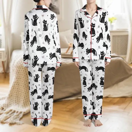 Cat Lovers' Whimsical Black Cats White Background Cartoon Design with Pink Accents, Yarn Balls & Paw Prints Satin Pajamas Set