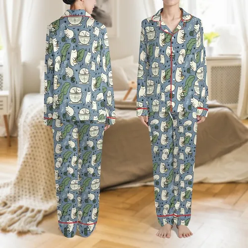 Cat Lovers' Dusty Blue Whimsical Naive Cartoon Cats Musical Play Pattern Satin Pajamas Set