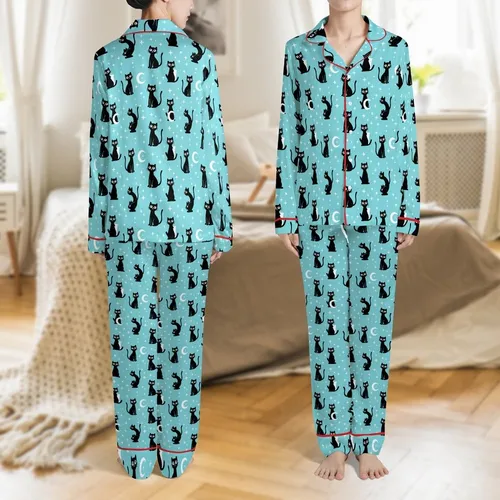 Cat Lovers' Playful Black Cats White Crescent Moons Twinkle Stars Light Aqua Whimsical Pattern Satin Pajamas Set