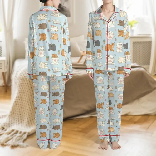 Cat Lovers' Whimsical Pastel Blue Feline Teacup & Succulent Repeat Pattern Satin Pajamas Set