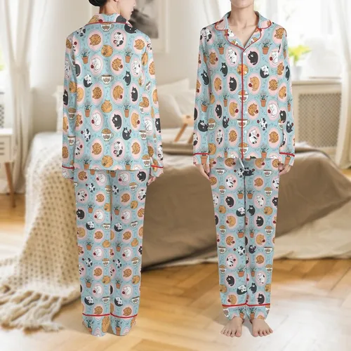 Cat Lovers' Whimsical Illustrative Cat Pattern, Powder Blue, Ginger Tabby Mixed Cats, Pastel Pink Teal Accents Satin Pajamas Set
