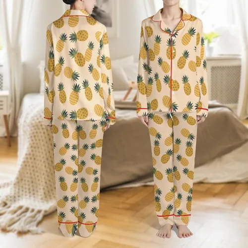 Playful Tropical Design: Golden Pineapples, Olive Hearts on Pale Peach - Fabric Art Kid Satin Pajamas Set