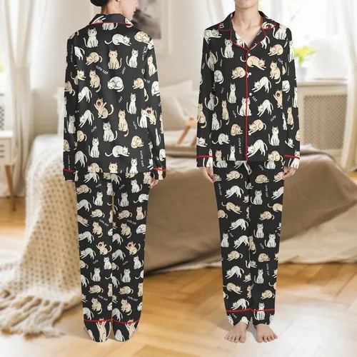 Cat Lovers' Charcoal Black Playful Sleepy Cartoon Cat Pattern Pale Off-White & Beige Kittens White 'cute cat' Text Satin Pajamas Set