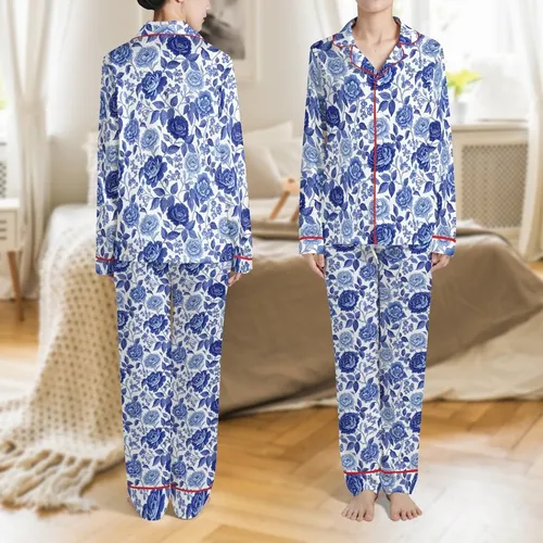 Women's Hand-Drawn Vintage Chintz Sapphire Azure Blue Rose Peony Leafy Botanical Pattern Satin Pajamas Set