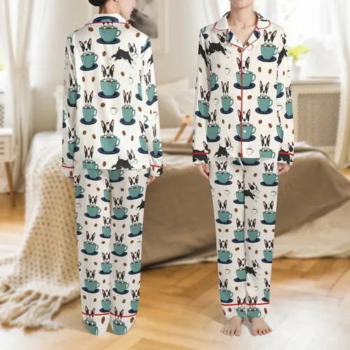 Boston Terrier Lover Loungewear: Playful Coffee Dog Seamless Pattern - Black & White, Teal & Cream Art Satin Pajamas Set