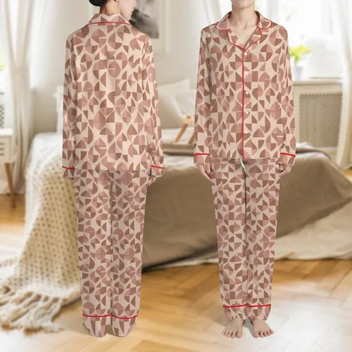 Galentine Gift Her: Geometric Mauve Rust Two-Tone Heart Pattern - Cotton Woven Throw Satin Pajamas Set
