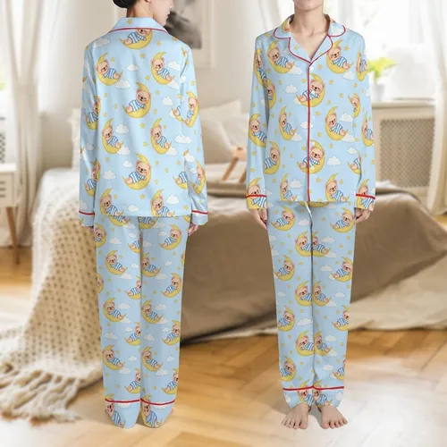 Sleeping Boy Bear on Moon Digital Embroidery Design - Blue Striped Pajamas, Stars, Clouds Satin Pajamas Set