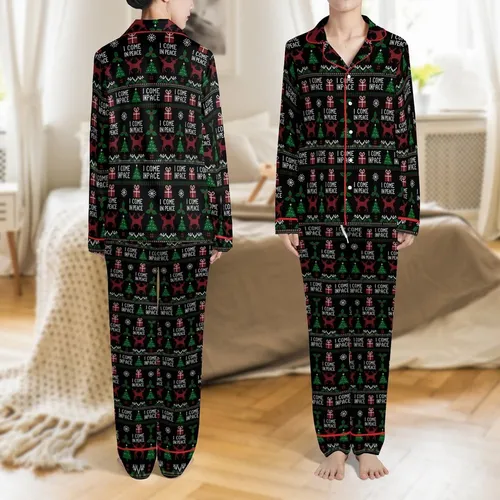 Funny Couples Matching Christmas Pajamas Ugly Sweater "I Come in Peace" Pixel Art PNG Satin Pajamas Set