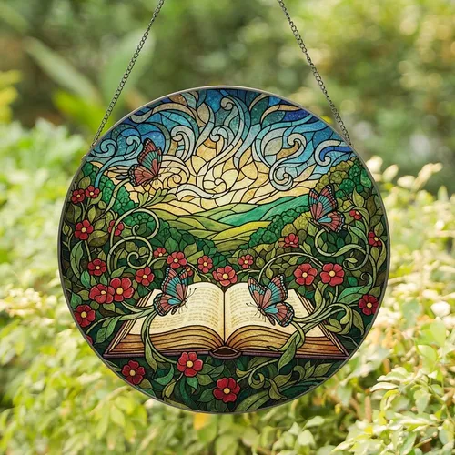 Book Lovers' Intricate Stained Glass Open Book Butterfly Flower Amber Teal Rose Mosaic Stained Glass Suncatcher