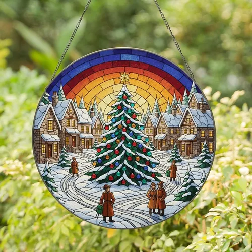 Holiday Enthusiasts' Tiffany Stained Glass Christmas Tree Village Jewel Tone Mosaic Red Blue Ornaments Stained Glass Suncatcher