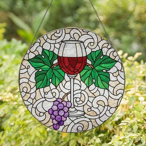Wine Enthusiasts' Glowing Tiffany Stained Glass Ruby Red Wine Glass Emerald Green Grapes Mosaic Stained Glass Suncatcher