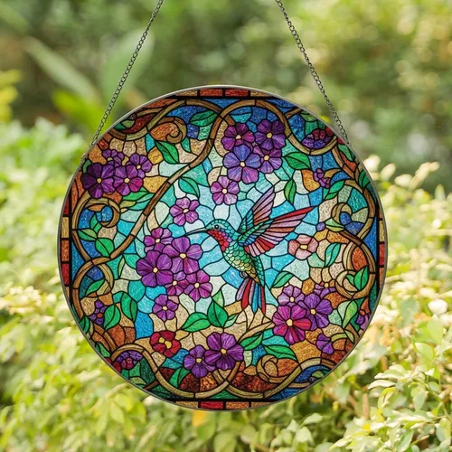 Nature Lovers' Jewel Tone Stained Glass Hummingbird Purple Bloom Garden Mosaic Stained Glass Suncatcher