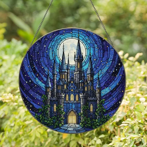 Fantasy Art Enthusiasts' Intricate Stained Glass Gothic Castle Lunar Cosmic Jewel Tone Mosaic Stained Glass Suncatcher