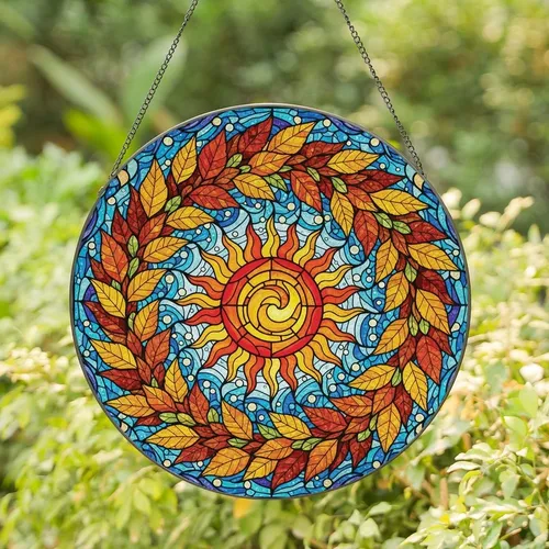 Nature Lovers' Vibrant Jewel Tone Stained Glass Sunburst Autumn Leaf Mosaic Pattern Stained Glass Suncatcher