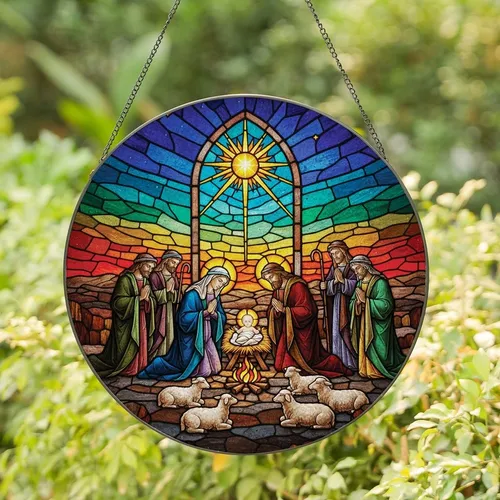 Christmas Art Enthusiasts Intricate Stained Glass Nativity Scene, Jewel Tone Tiffany Art, Radiant Star Mosaic Stained Glass Suncatcher