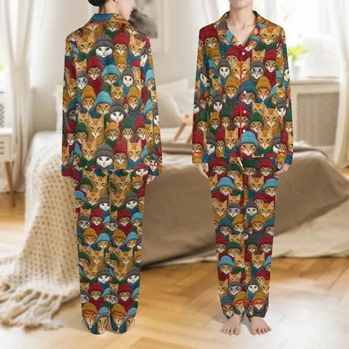 Cat Lovers' Intricate Realistic Cat Portraits with Emerald, Blue, Amber Eyes in Vibrant Knitted Wear Pattern Satin Pajamas Set