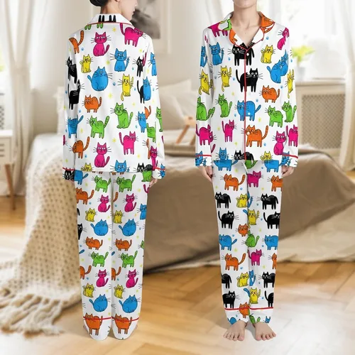 Cat Lovers' Whimsical Hand-Drawn Doodle Abstract Cats Pattern with Vibrant Multi-Color Crayon Style Satin Pajamas Set