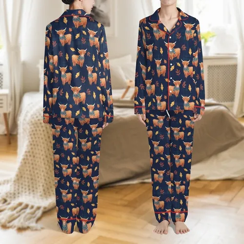 Highland Cow Lovers' Charming Watercolor Fluffy Autumn Plaid Farm Animal Pattern on Deep Navy Satin Pajamas Set