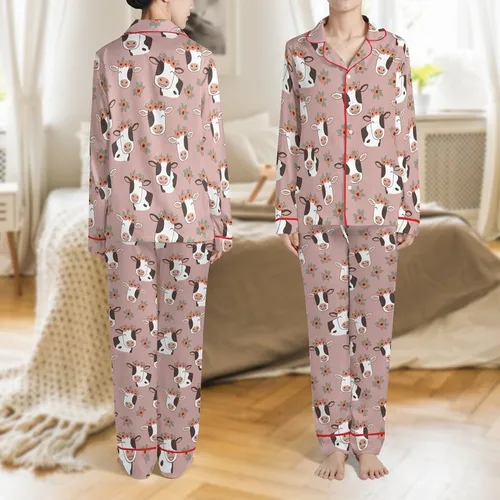 Cow Lovers' Whimsical Illustrative Holstein Cow Faces & Muted Floral Pattern on Soft Dusty Rose Satin Pajamas Set