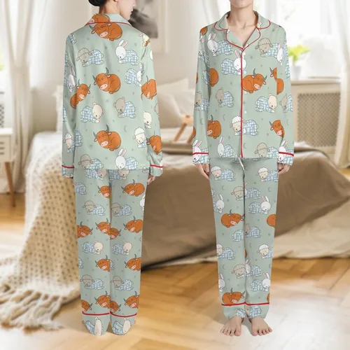 Baby Animal Lovers' Whimsical Illustrative Sleeping Baby Animals Pale Sage Green Pattern: Cow, Bear, Lamb, Bunny in Blue Checkered Pajamas Satin Pajamas Set